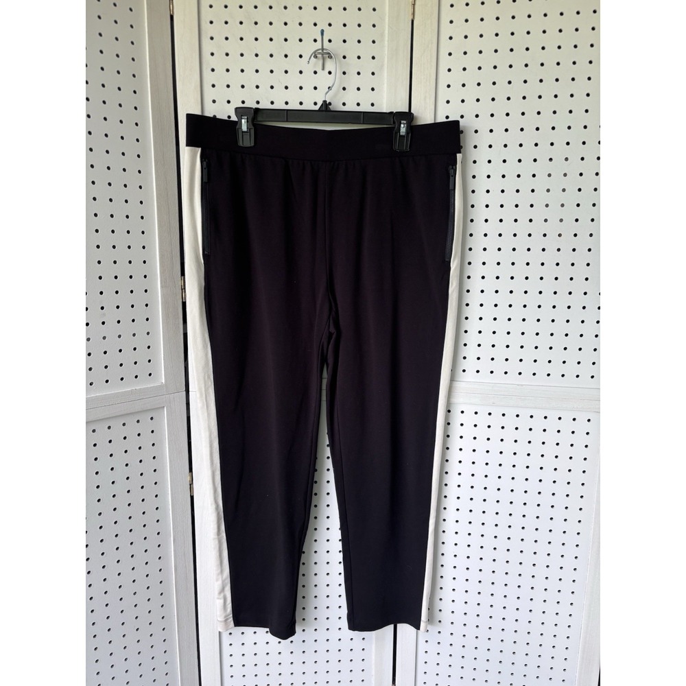 Chico's 2 Women's Lg Side Stripe Sweatpants Black / Ivory Zip Pockets Pull On